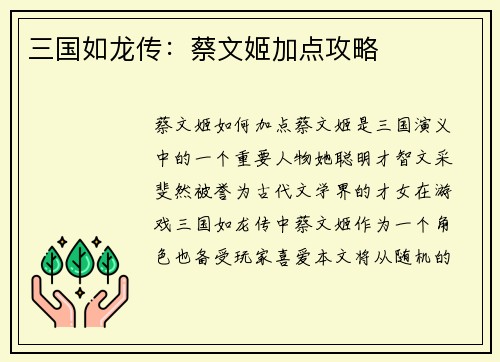 三国如龙传：蔡文姬加点攻略
